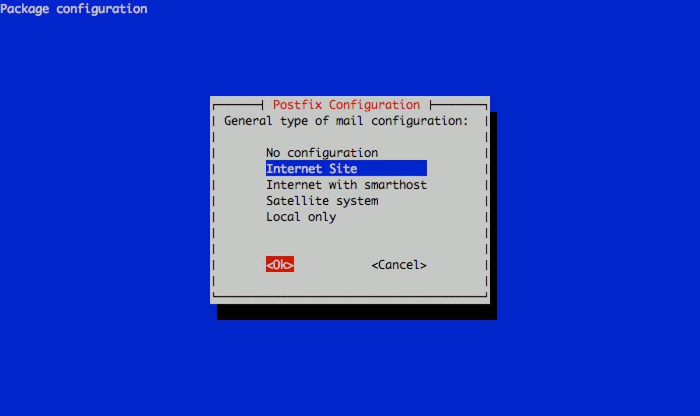 Selecting the Postfix mail server configuration type on an Ubuntu 9.04 (Jaunty) Linode.