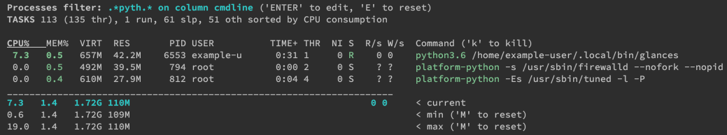 glances filtering processes based on command names matching filter