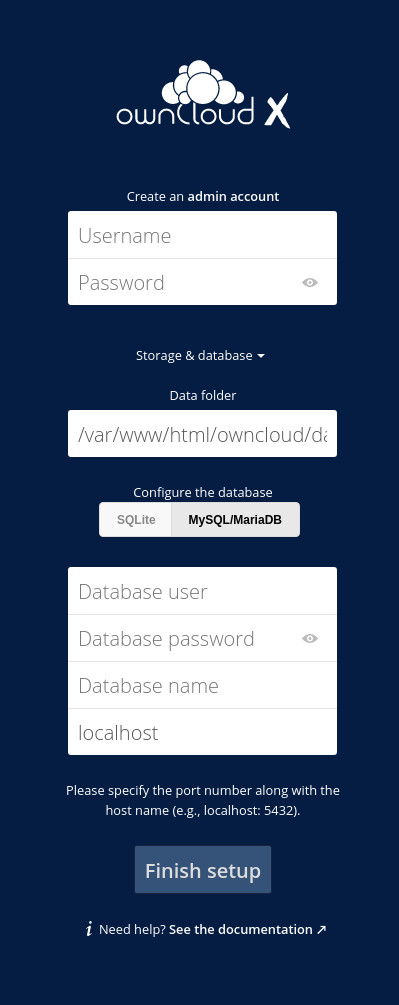 The database details section for the ownCloud installation