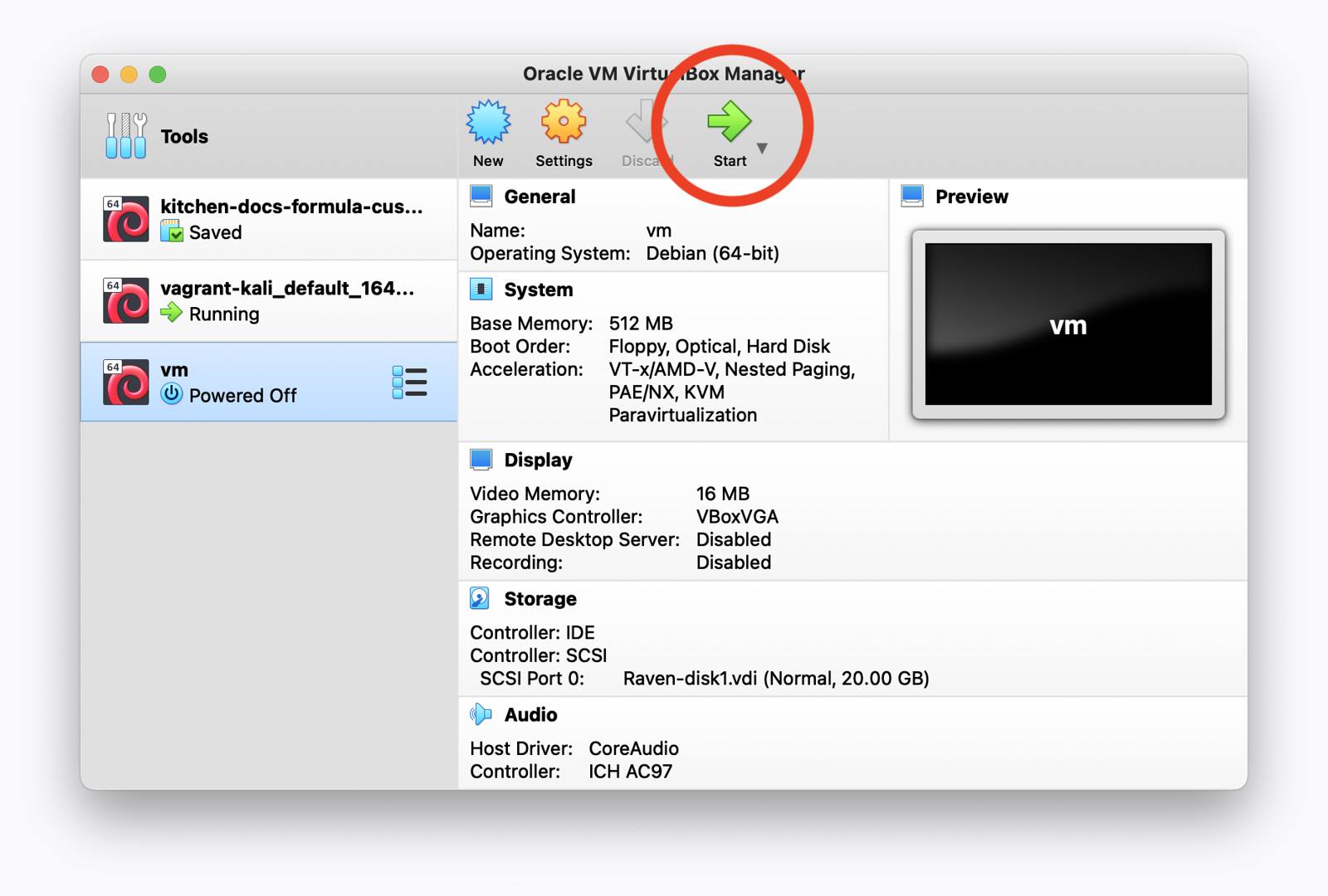 VirtualBox VM List - Raven VM Start Button Highlighted