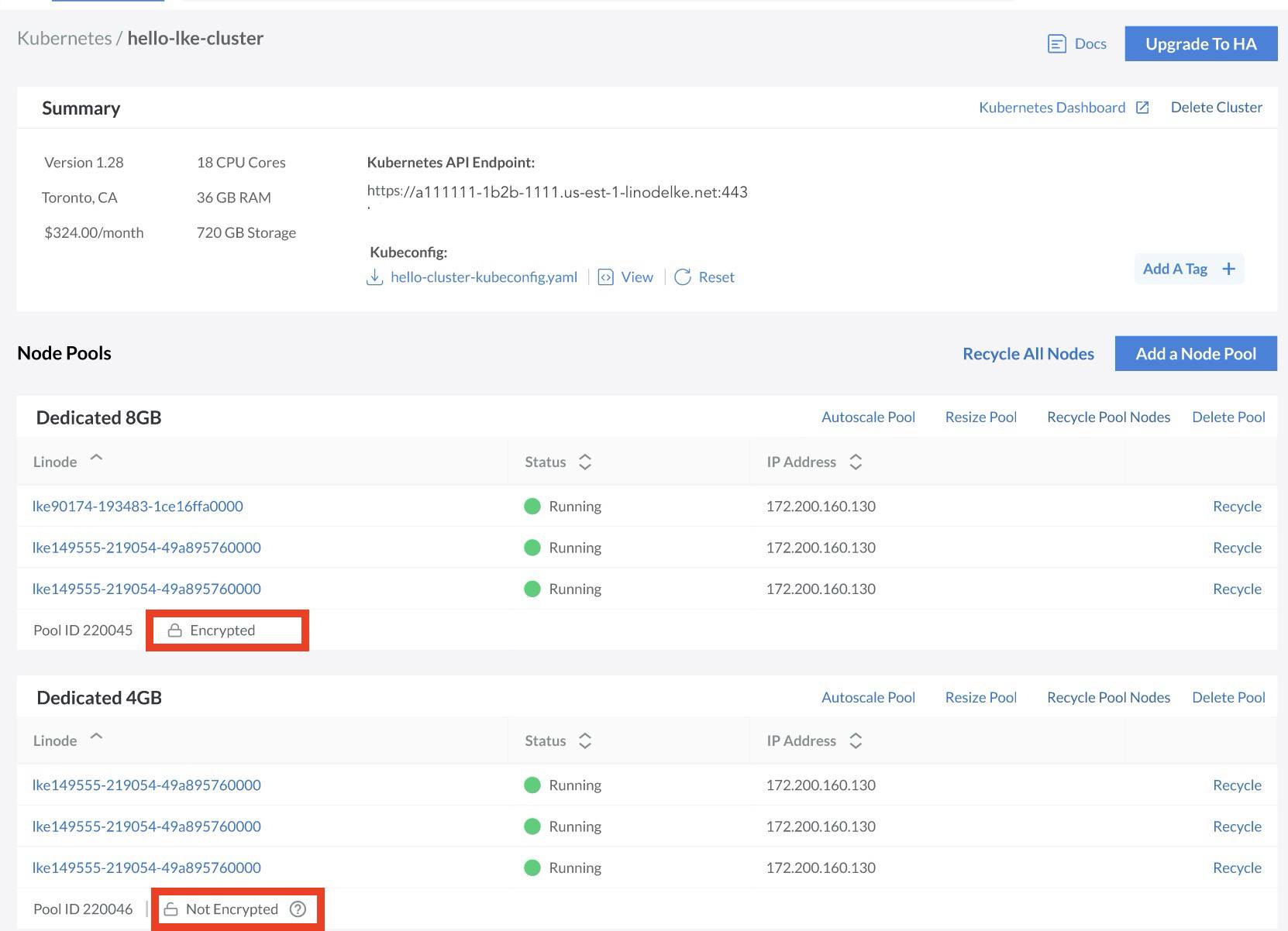 Screenshot of the Node Pools section of a cluster in the Cloud Manager with encryption