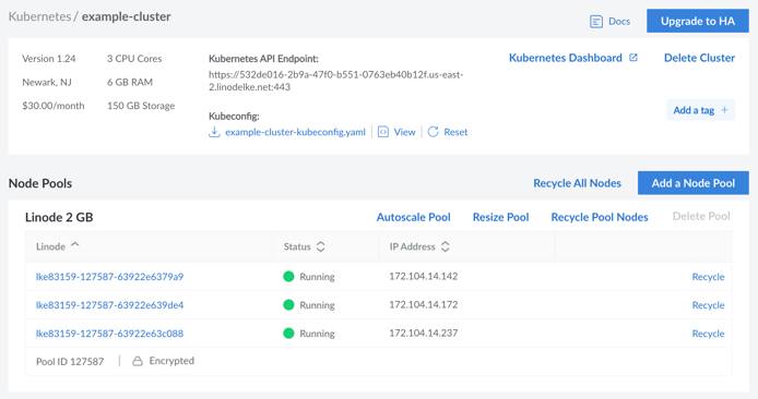 Screenshot of a Kubernetes cluster detail page in the Cloud Manager