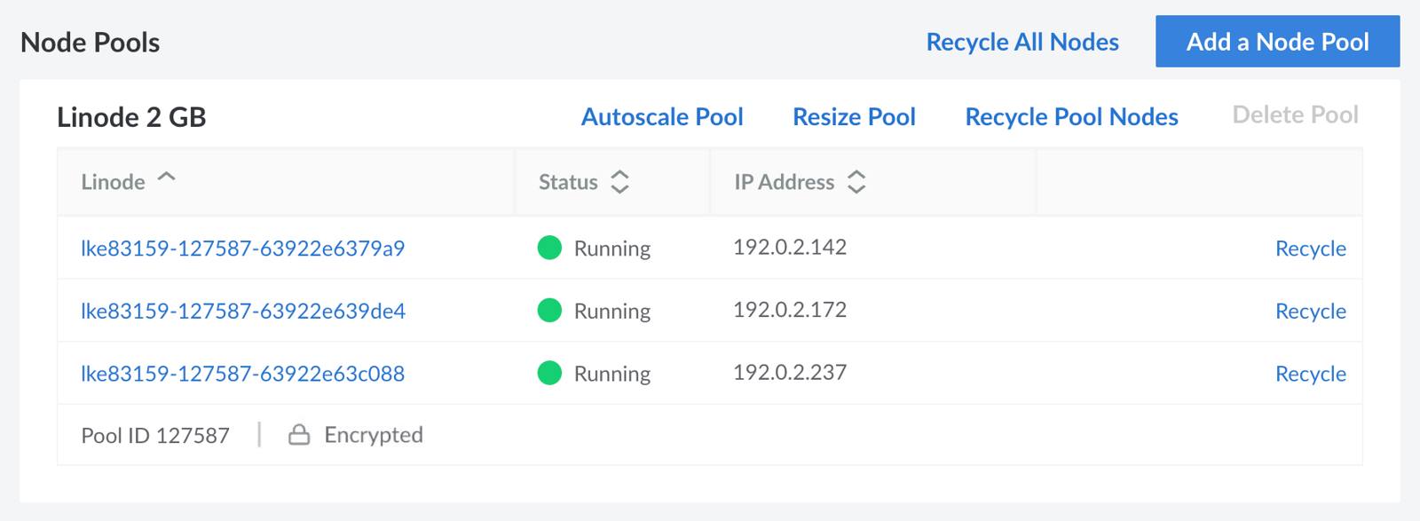 Screenshot of the Node Pools section of a cluster in the Cloud Manager