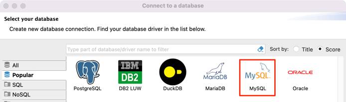 Screenshot of the DBeaver database selection screen with MySQL highlighted