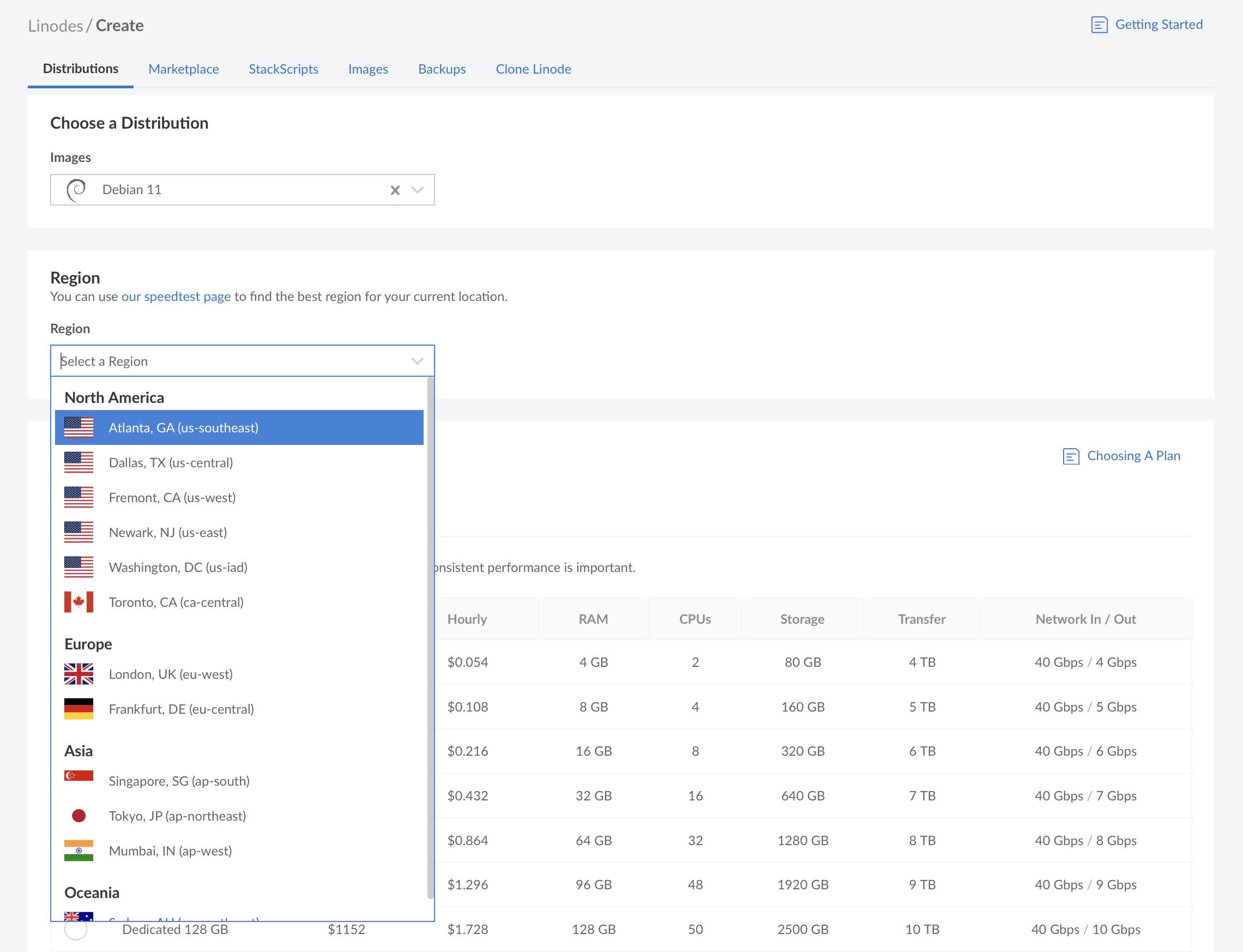 Linode Create form with regions menu opened